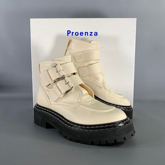 PROENZA SCHOULER Size 9 Cream Black Leather Calf Buckle Boots - Picture 9 of 10
